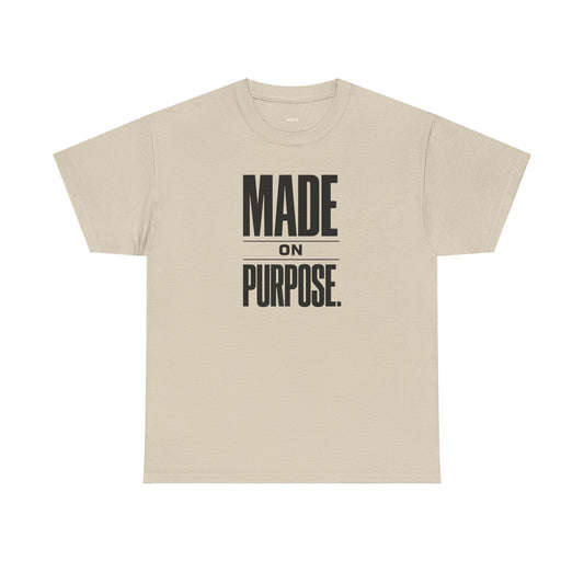 Beige t-shirt with 'MADE ON PURPOSE' text on a white background