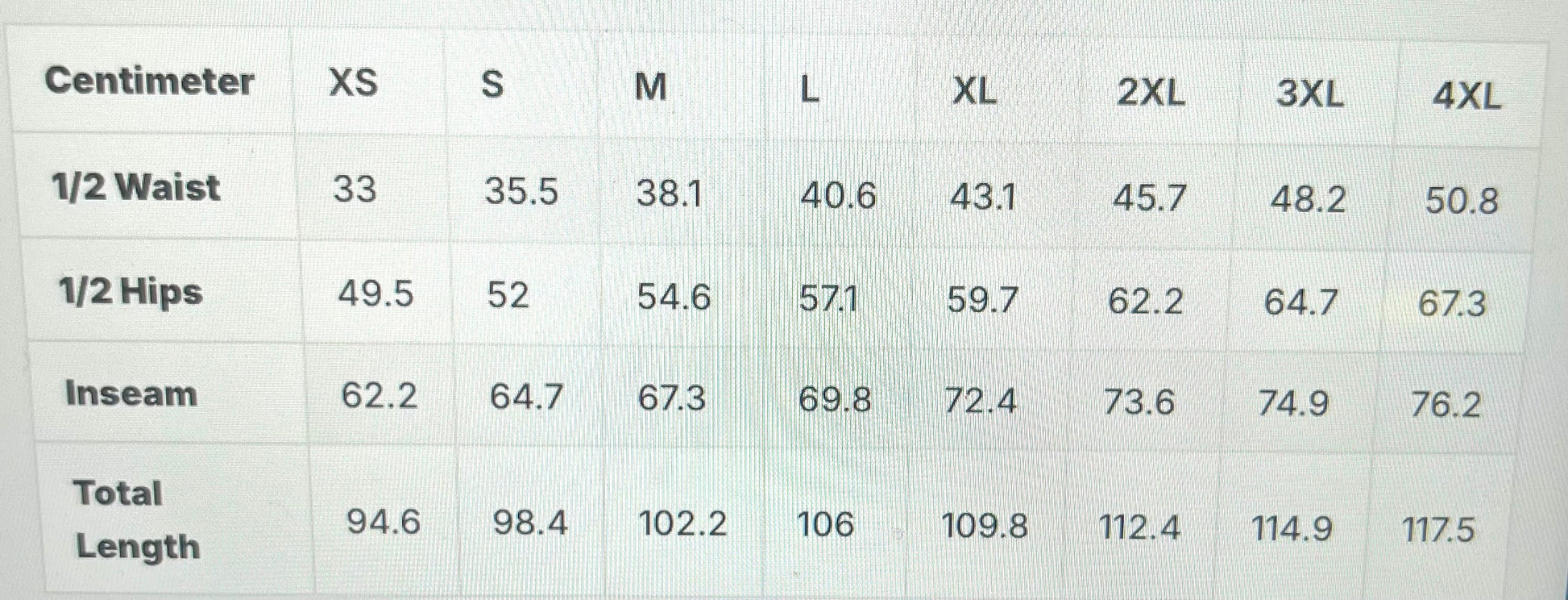A size measurement chart showing centimeter measurements for clothing sizes XS through 4XL, including 1/2 waist, 1/2 hips, inseam, and total length.