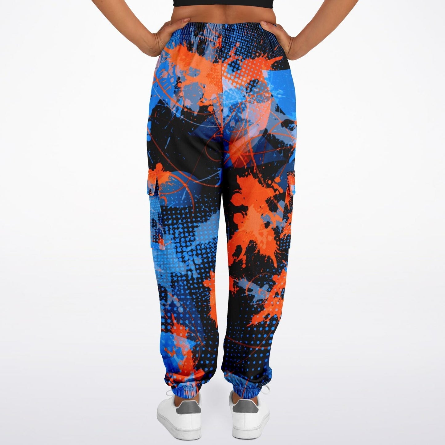 Colorful splatter-patterned pants on a white background
