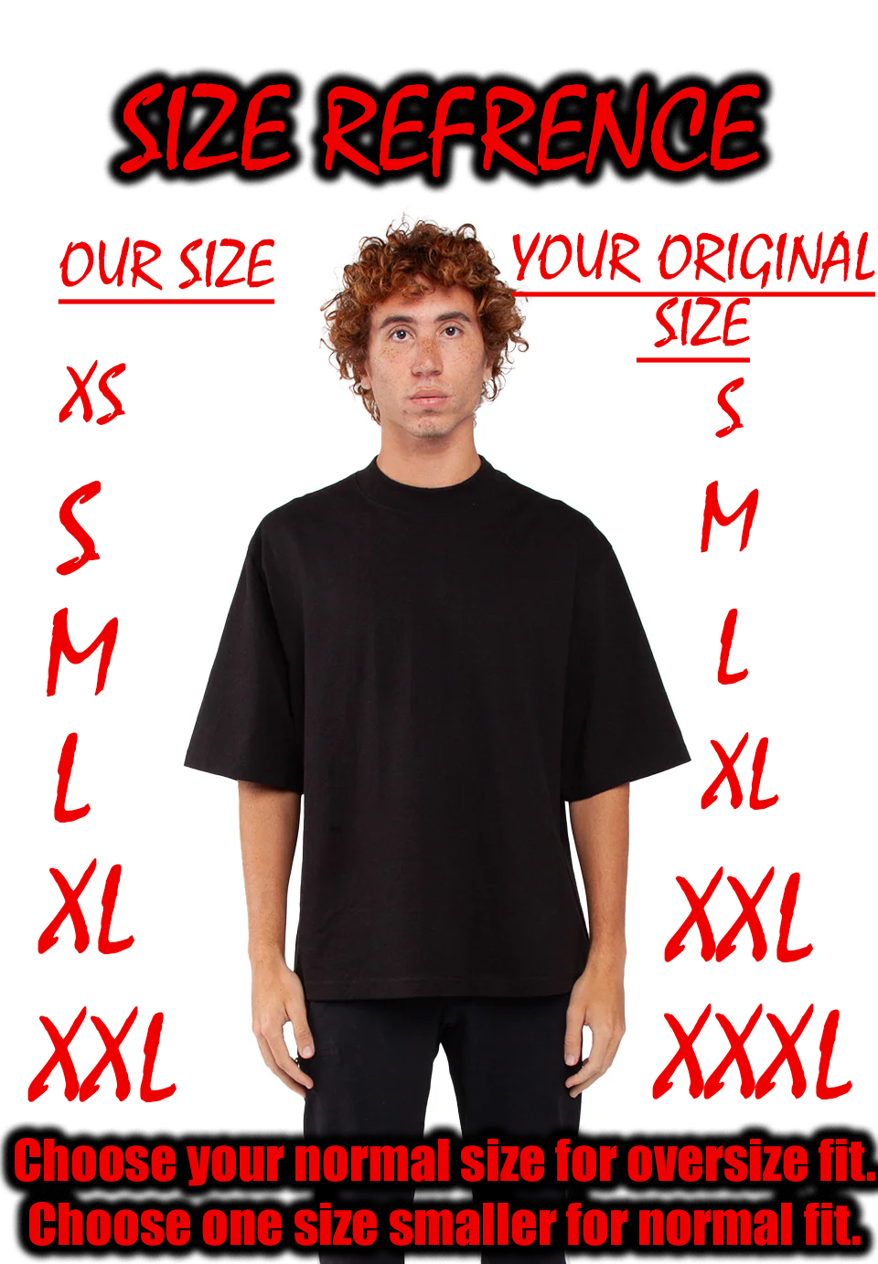 Size reference chart with a person wearing a black t-shirt against a red background