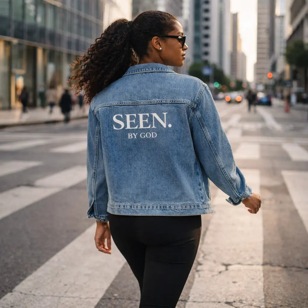 SEEN. BY GOD Women’s Oversized Denim Jacket – Faith Statement Streetwear Wear Your Worship