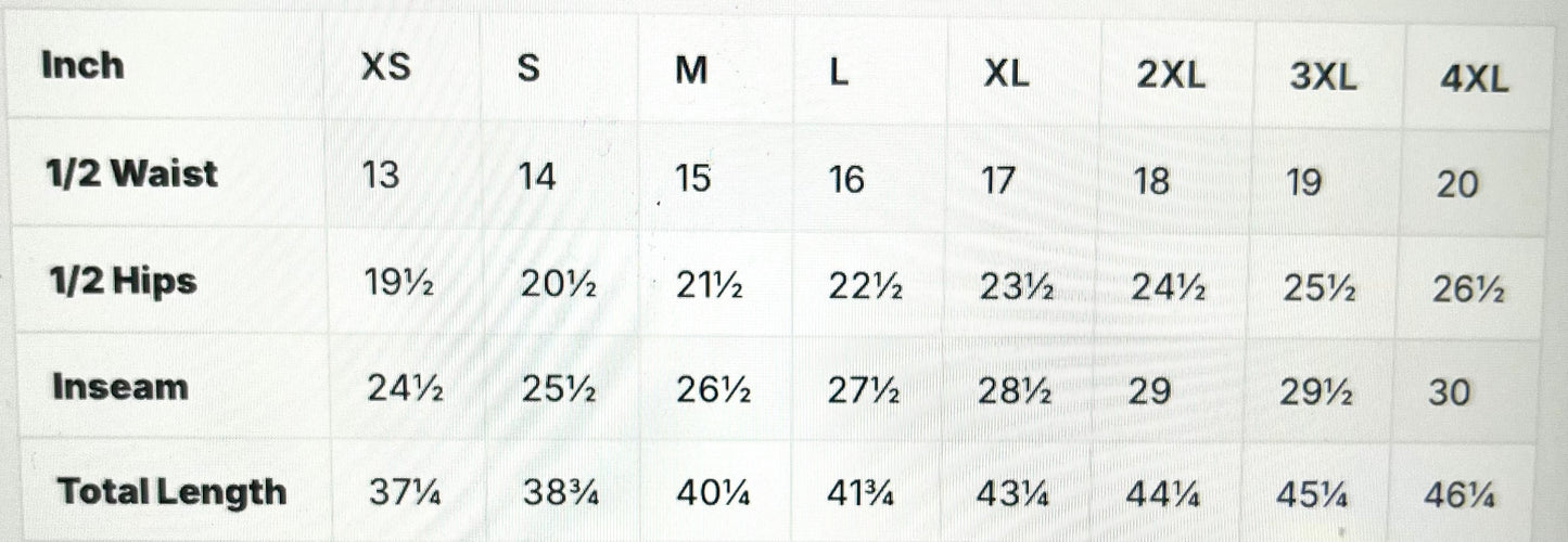 A size chart table showing measurements for clothing sizes XS through 4XL, with columns for Inch, XS, S, M, L, XL, 2XL, 3XL, and 4XL, plus rows for 1/2 Waist, 1/2 Hips, Inseam, and Total Length.