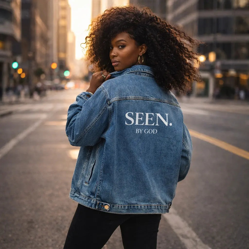 SEEN. BY GOD Women’s Oversized Denim Jacket – Faith Statement Streetwear Wear Your Worship