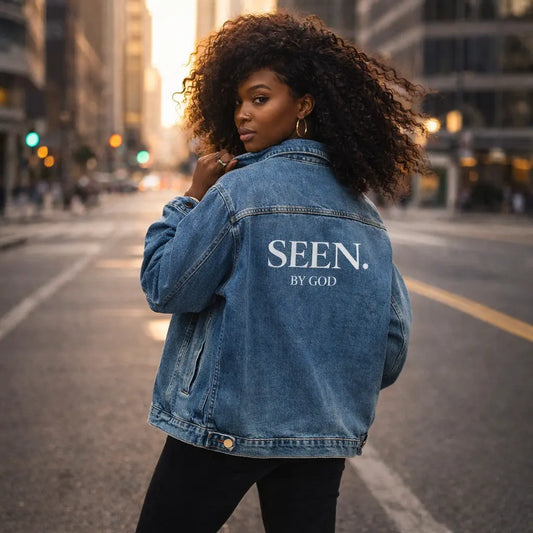 SEEN. BY GOD Women’s Oversized Denim Jacket – Faith Statement Streetwear Wear Your Worship