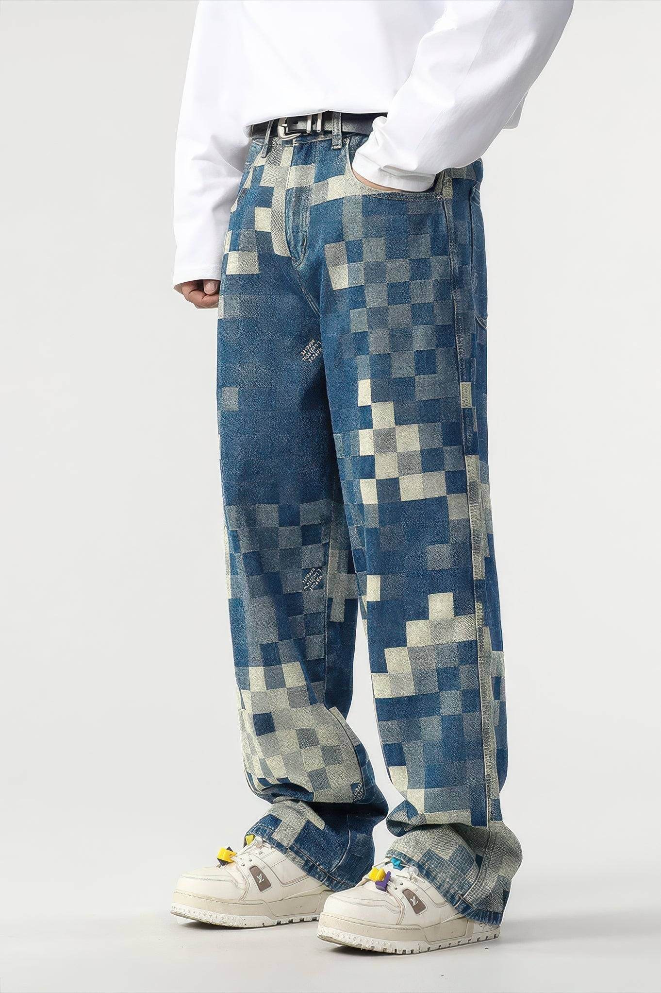 `CakeBoi – Plaid Patchwork Wide-Leg Jeans