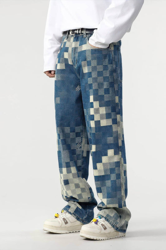 `CakeBoi – Plaid Patchwork Wide-Leg Jeans