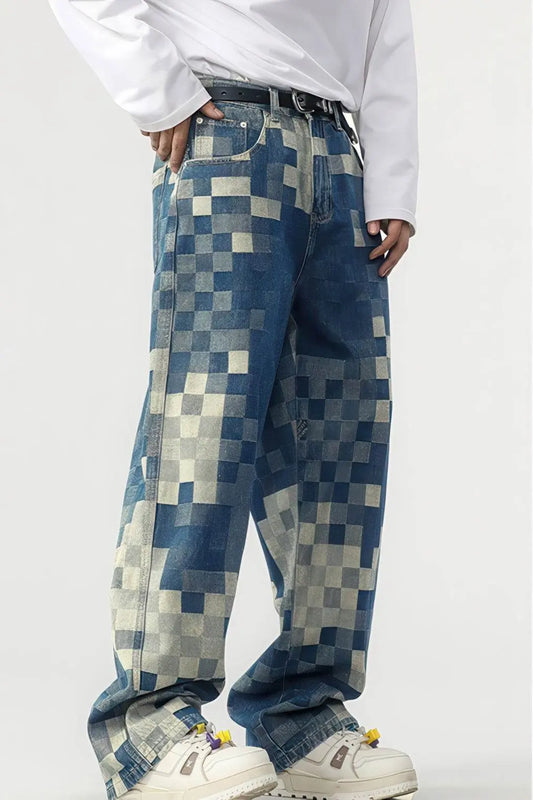 `CakeBoi – Plaid Patchwork Wide-Leg Jeans