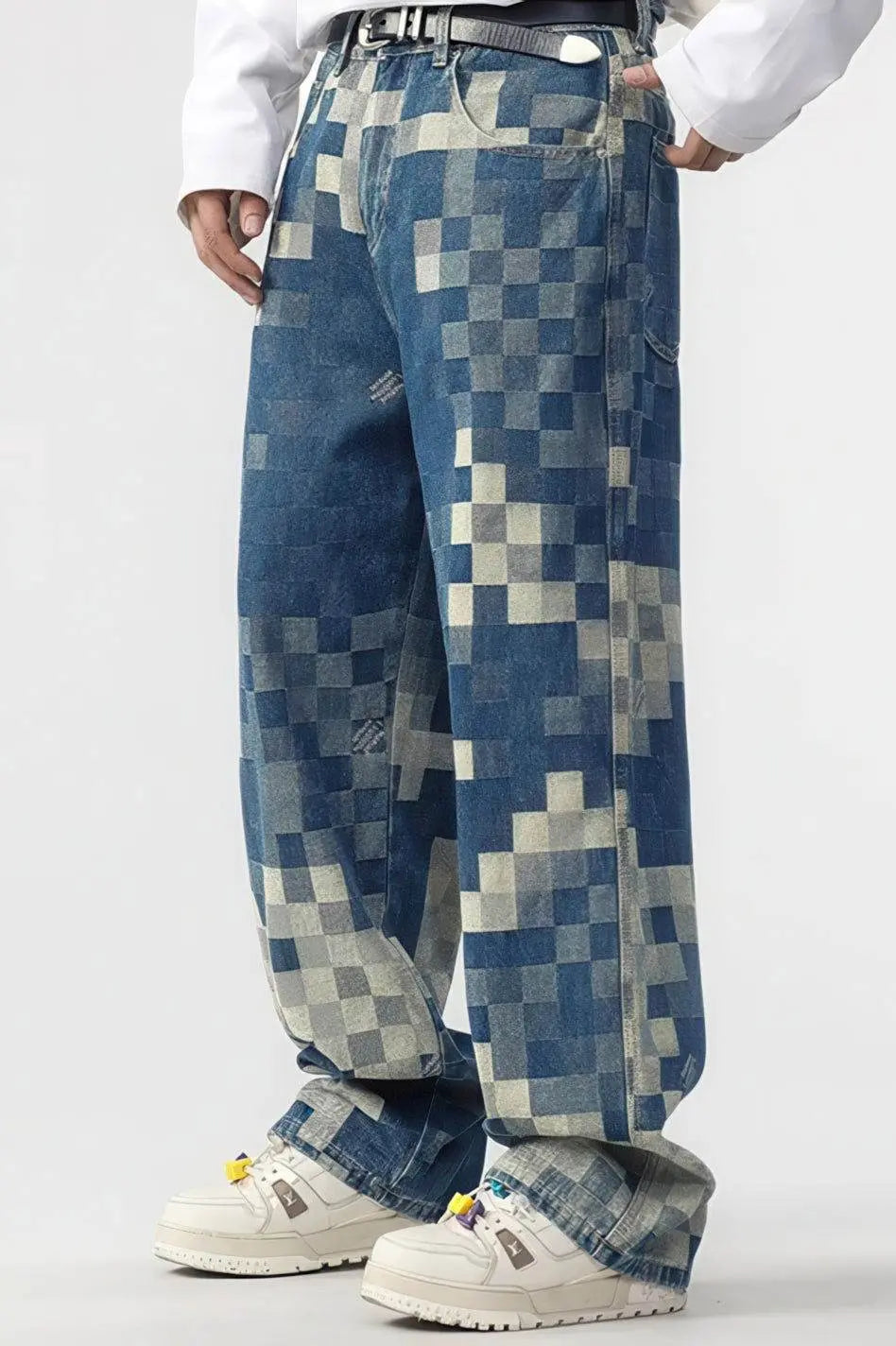 `CakeBoi – Plaid Patchwork Wide-Leg Jeans