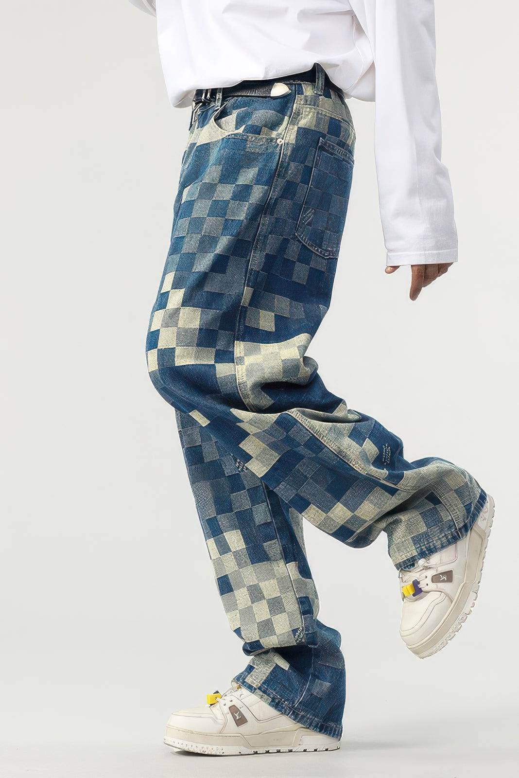 `CakeBoi – Plaid Patchwork Wide-Leg Jeans