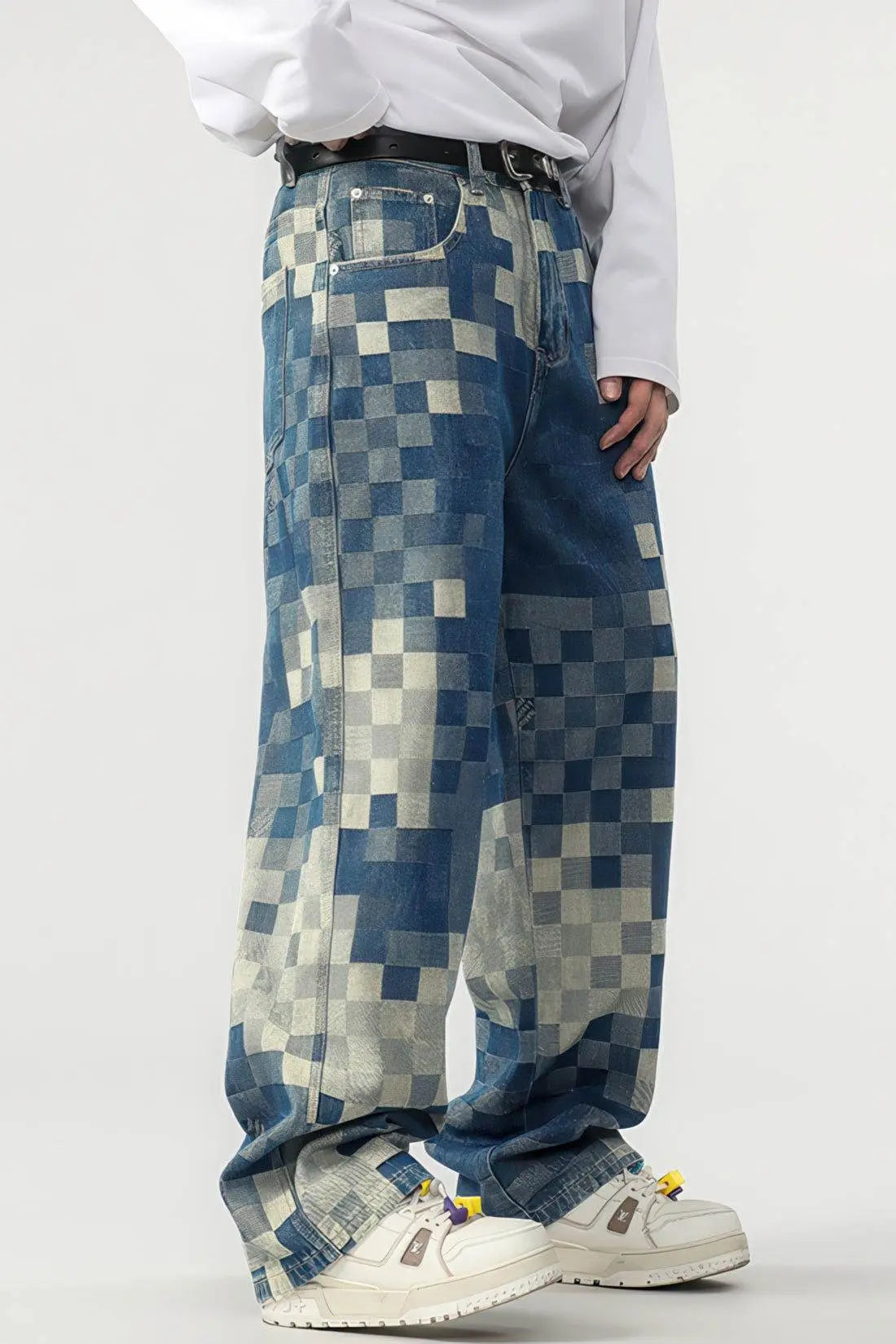 `CakeBoi – Plaid Patchwork Wide-Leg Jeans