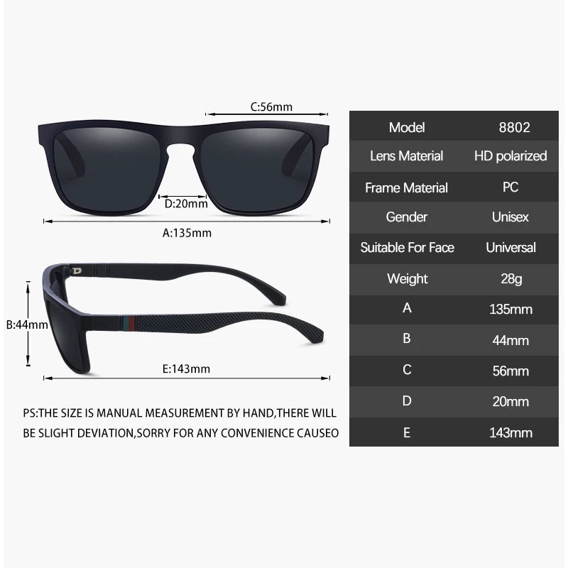 Black sunglasses with detailed measurements and product specifications on a white background