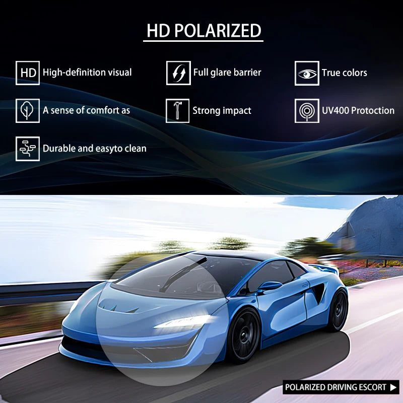 Blue sports car on a road with HD polarized text overlay