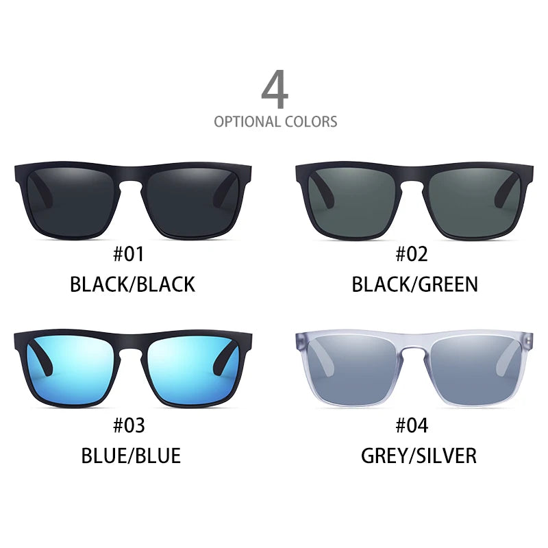 Four pairs of sunglasses with different color combinations on a white background.