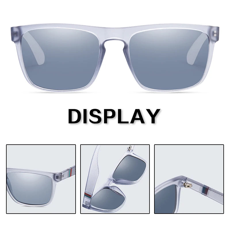 Sunglasses with a clear frame and reflective lenses on a white background.