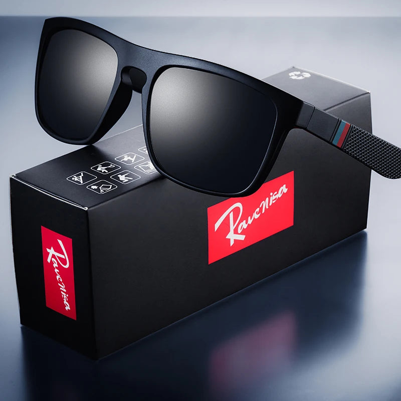 Black sunglasses with reflective lenses on a black box featuring a red logo, against a gradient blue background.