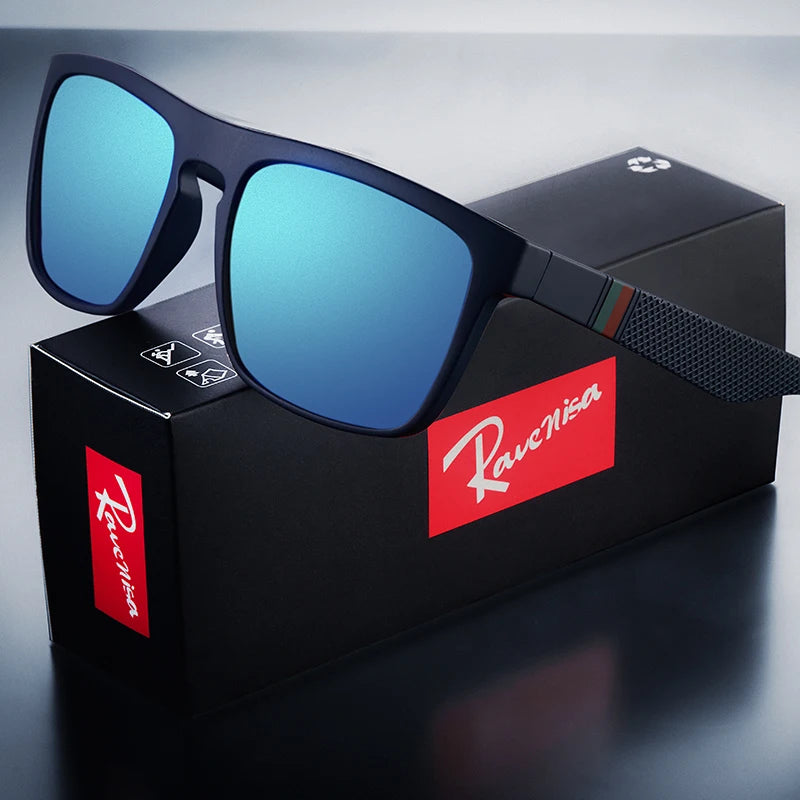sunglasses with blue lenses on a black box featuring the logo.