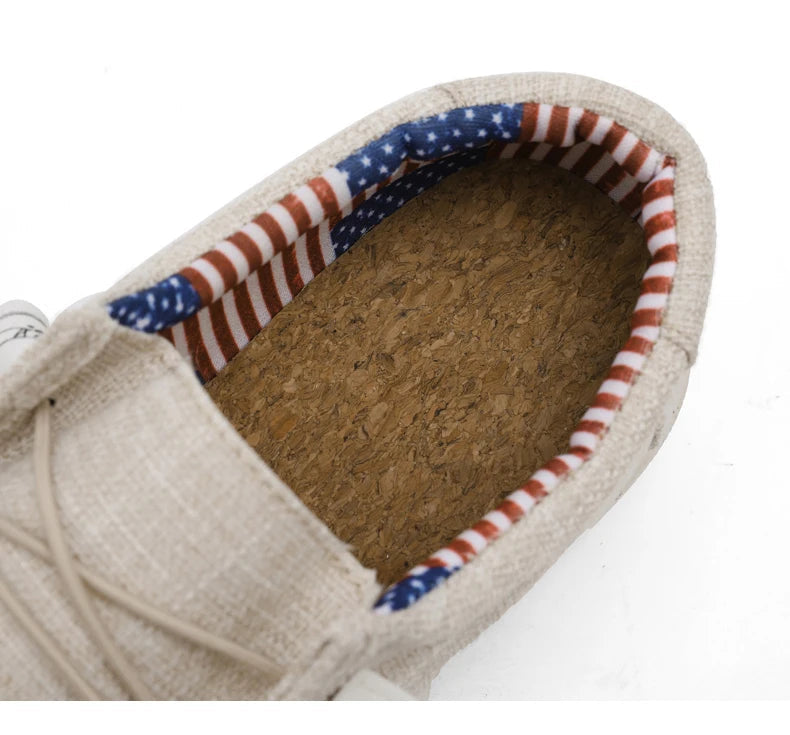 Close-up of a shoe with a textured sole and American flag pattern on the lining.