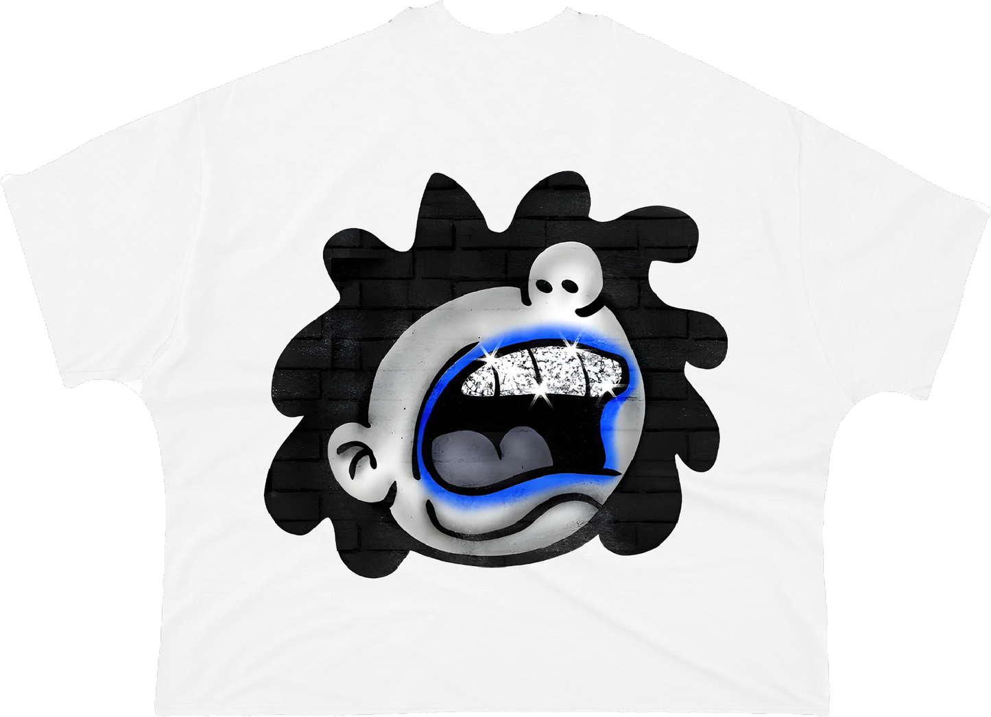 White t-shirt with a black and white graphic design on a white background