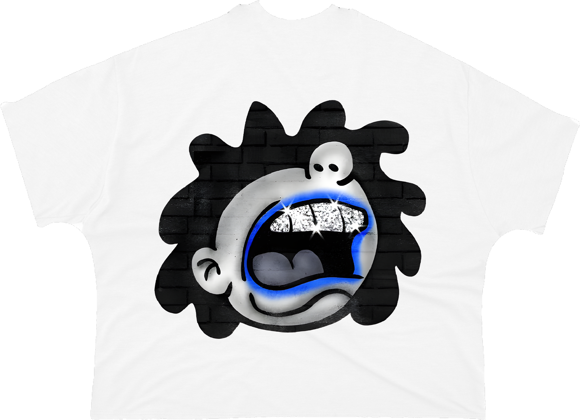 White t-shirt with a black and white graphic design on a white background
