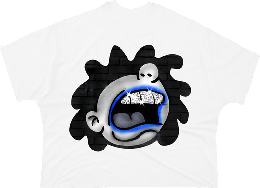 White t-shirt with a black and white graphic design on a white background